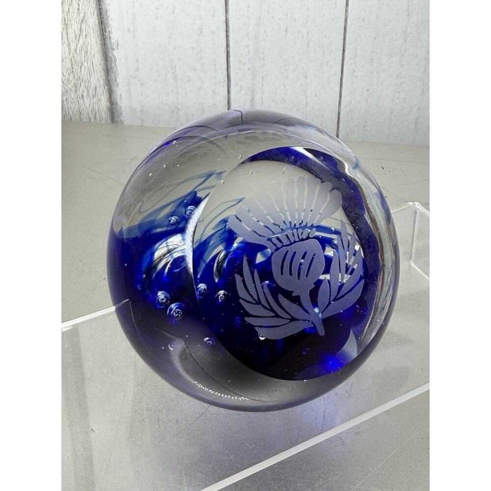 Vintage Blue Etched Scottish Thistle Large Glass Paperweight Bubble